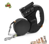 Double Retractable Dog Leash with Light for Two Dogs, 360° Tangle-Free Swivel, Waste Bag Dispenser, Reflective Strap & Ergonomic Handle, Adjustable Length for Small Medium Pets (Black)