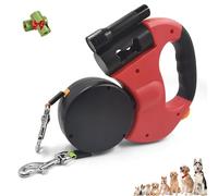 Double Retractable Dog Leash with Light for Two Dogs, 360° Tangle-Free Swivel, Waste Bag Dispenser, Reflective Strap & Ergonomic Handle, Adjustable Length for Small Medium Pets (Red)