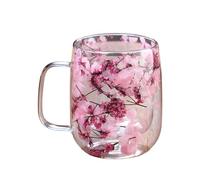 Double Wall Glass Coffee Mugs - Clear Floral Drinkware for Hot Cold Beverages | Borosilicate Glass with Handle Design, Insulated Tea Cup Set for Milk Beer Whiskey Outdoor Garden Balcony Picnic Party