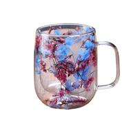 Double Wall Glass Coffee Mugs - Clear Floral Drinkware for Hot Cold Beverages | Borosilicate Glass with Handle Design, Insulated Tea Cup Set for Milk Beer Whiskey Outdoor Garden Balcony Picnic Party