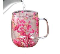 Double Walled Glass Coffee Mugs - Clear Dried Flowers Double Walled Cups With Handle, Pretty Tea Mugs | Floral Thermal Glassware For Winter Balcony Garden Park Home School Picnic Party Whiskey Milk