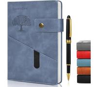 DoubleCare Cuaderno A5 a Rayas, Tapa Dura de Cuero Diario, con Bolígrafo y Bolsillo, Diario de Papel Grueso para Mujeres, Hombres, Escuela y Oficina,22,3 x 14,6 cm, Azul