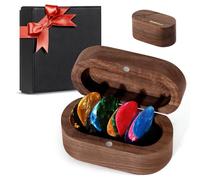 DoubleCare Juego de estuche para púas de guitarra de nogal con 12 celuloides en 3 grosores, soporte para púas de guitarra premium, mini caja de joyería, regalo de bajo para hijo, madre, padre, amigo