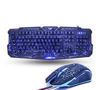 Doumneou Teclado y ratón retroiluminados USB con cable, impermeable, fresco, azul, rojo, para PC portátil, RU