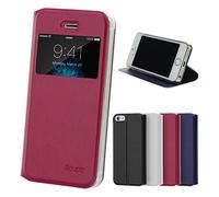 doupi Deluxe Ventana FlipCover para iPhone 5 5S SE, Carcasa Case magnético Funda Caso tirón Estilo Libro Protector de Cuero Artificial, Rojo