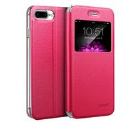doupi Deluxe Ventana FlipCover para iPhone 8 Plus / 7 Plus (5,5 Pulgada), Carcasa Case magnético Funda Caso tirón Estilo Libro Protector de Cuero Artificial, Rojo