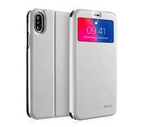 doupi Deluxe Ventana FlipCover para iPhone X & iPhone XS 5,8 Pulgada, Carcasa Case magnético Funda Caso tirón Estilo Libro Protector de Cuero Artificial, Blanco