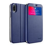 doupi Deluxe Ventana FlipCover para iPhone X & iPhone XS 5,8 Pulgada, Carcasa Case magnético Funda Caso tirón Estilo Libro Protector de Cuero Artificial, Azul