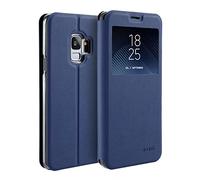 doupi Deluxe Ventana FlipCover para Samsung S9, Carcasa Case magnético Funda Caso tirón Estilo Libro Protector de Cuero Artificial, Azul
