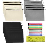 DOUSELLA 18 PCS Bolsas de Lona con Cremallera para Manualidades Bolsas de Maquillaje de Lona para Viajes Estuche de Tela de Algodón con 12 Lápices Acuarelables y 1 Regla para DIY(Negro Beige Gris)