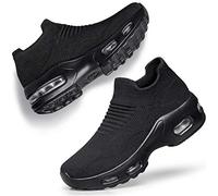 DOUSSPRT Zapatos para Caminar para Mujer, Zapatos de Deporte sin Cordones, para Mujer, niñas, Enfermeras, Malla con cojín de Aire, Mocasines de Plataforma, a la Moda, Casuales, All Black 002, 42 EU