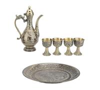 DouWen MO Juego de té Turco Vintage, Lujoso Juego de Tazas y Tetera de Metal, Exquisito diseño Tallado con 4 Tazas y Bandeja, Elegante Juego de Servir para decoración del hogar o Uso en la (Bronce)