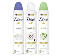 Dove Pack Desodorante Aerosol 48h Original, Invisible Antimanchas y Pepino Té Verde, Spray Sin Alcohol para Mujer, con Aceite Nutritivo 100% Natural y 1/4 de Crema Hidratante, Pack de 3 x 250 ml
