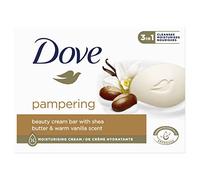 Dove Jabón de manos Beauty Cream Bar Pampering manteca de karité con 1/4 crema hidratante para una sensación suave y flexible en la piel, 90 g