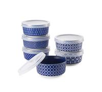 DOWAN Ramequines con tapas de 4 onzas, cuencos de cerámica con tapas, tazas pequeñas aptas para horno, para crema brulee personal, soufflé, natilla, helado, salsa, juego de 6, azul vintage