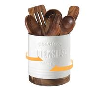 DOWAN Soporte para utensilios de cocina, giratorio 360°, recipiente para utensilios de cocina, estilo rústico, soporte para cucharas de cocina, color beis, utensilios de cocina, decoración de cocina