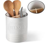 DOWAN Soporte para utensilios de cocina, soporte para utensilios con divisor extraíble, soporte para cucharas de cocina beige, recipiente para utensilios de cocina, almacenamiento de utensilios de