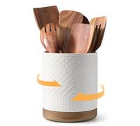 DOWAN Utensilienhalter Küche Drehbar, Küchenutensilienhalter Keramikbehälter für Küchenutensilien, Küchenutensilien Aufbewahrung Beige mit Relief, Utensilienbehälter groß für Kochlöffel