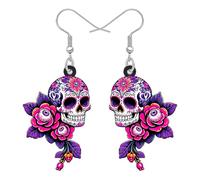 DOWAY Acrílico Azúcar Skull Pendientes, Spooky Halloween Colgante Pendientes Día de los Muertos Joyería Goth Sugar Skull Regalos para Mujeres Niñas Halloween Accesorios de Disfraces (Morado)