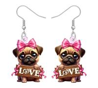 DOWAY Lindo Día de San Valentín Pendientes Perro Cachorro Amantes Regalos para Mujeres Niñas, Acrílico Día de San Valentín Pendientes Colgante Mascota Joyería Romántico Regalo para Esposa (Pugs)