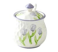 Dowbom Azucarero con tapa y cuchara, azucarero de porcelana con patrón de flores, recipiente para condimentos (morado)