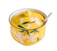 Dowbom Azucarero con tapa y cuchara, tarro de almacenamiento de 300 ml, recipiente de azúcar de flores, tarro de azúcar, azucarero (amarillo)