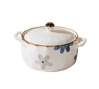 Dowbom Cuenco de sopa con tapa, tazón grande para ramen, cuenco de cerámica para fideos instantáneos, apto para microondas, taza de sopa grande (flor blanca, 1000 ml)