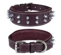 DowgClub | Collar de perro con púas de cuero genuino | grano completo, resistente, cómodo, fuerte, mejor para razas medianas, L, XL | 1.5 pulgadas de ancho | (mediano (talla de cuello de 14.5 a 18.5 pulgadas), cereza con púas plateadas)