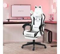 Dowinx Silla de gaming con orejas de perro para niñas, masaje ergonómico con soporte lumbar, silla de juegos con reposapiés ajustable y reposacabezas para adultos, soporta hasta 135 kg, color negro