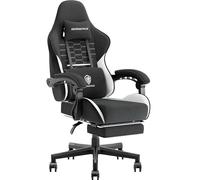 Dowinx Silla Gaming Ergonómica de Tela con Cojín de Muelles, Silla Gamer con Reposacabezas, Soporte Lumbar y Reposapiés, Soporta 150kg, Ideal para Gaming y Oficina , Blanco y Negro
