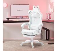 Dowinx Silla para juegos, edición Cute Cat, silla ergonómica para computadora con respaldo alto y soporte lumbar, piel sintética, reposapiés, gato blanco