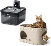 DownyPaws Fuente para Gatos inalámbrica, 2.5L Bebedero para Gato con Detector de Movimiento + Cama Gato de Fieltro, Cama Gatos Cueva 2 en 1 para Descansar y Jugar