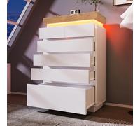 dowowdo Aparador con cajones blanco brillante | 6 cajones + aplicación LED | rieles silenciosos + bloqueo antivuelco | 115 cm de alto, para salón, dormitorio, cocina