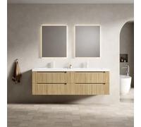 dowowdo Armario doble bajo lavabo 160 cm, soporte de pared con lavabo integrado de piedra artificial, 4 cajones de cierre suave, premontado roble blanco