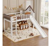 dowowdo Cama alta mágica con tobogán y ventanas, 90 x 200 cm, techo, escalera recta, protección contra caídas, cama infantil, color blanco/madera natural