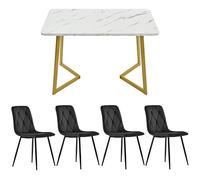 dowowdo Juego de mesa de comedor con 4 sillas, mesa de cocina moderna de 117 x 68 cm con aspecto de mármol y patas doradas, juego completo de comedor con 4 sillas de terciopelo negro para comedor y