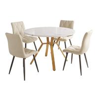 dowowdo Juego de mesa de comedor redonda con 4 sillas, mesa redonda de mármol con base en X dorada y placa blanca, 4 sillas de terciopelo beige como brillante y acogedor grupo de comedor para el salón