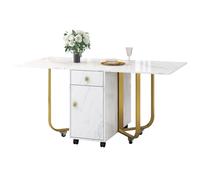 dowowdo Mesa de comedor plegable con armario y 2 cajones (150 x 80 cm), mesa multifunción 3 en 1, ahorra espacio, mesa de cocina y aparador, color blanco plateado con aspecto de mármol y asas doradas