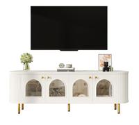 dowowdo Mueble bajo para TV de 170 cm con puertas de cristal, mueble para TV blanco con asas y patas doradas, moderno mueble de salón con estructura ondulada y espacio de almacenamiento