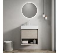 dowowdo Mueble de baño con armario para colgar en la pared, 55 cm, lavabo integral de resina blanca, cajón con sistema de cierre suave y estante abierto, premontado, roble claro, para baño moderno y