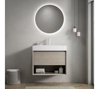 dowowdo Mueble de baño con armario para colgar en la pared, 70 cm, lavabo integral de resina blanca, cajón con sistema de cierre suave y estante abierto, premontado, roble claro, para baño espacioso y
