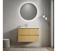 dowowdo Mueble de baño con armario para colgar en la pared, 75 cm, cerámica blanca, 2 cajones de cierre suave, premontado, aspecto de madera de roble dorado, para baño moderno