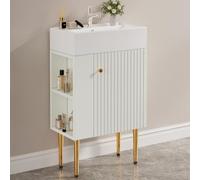 dowowdo Mueble de baño con lavabo de 55 cm, armario bajo lavabo pequeño juego de muebles de baño en color blanco, armario compacto con compartimentos laterales y cuenco de cerámica integrado