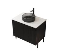 dowowdo Mueble de baño independiente de 76 cm con lavabo redondo de cristal negro y encimera de mármol de Carrara, moderno armario de baño con 2 puertas, juego de muebles de baño en blanco y negro con