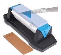 DOWOX Piedra de afilar cuchillos, 3 caras grano 400/1000/5000, afilador de cuchillos Whetstone con base antideslizante, guía de ángulo y asentador de cuero, para cuchillos de cocina y cuchillos de bol