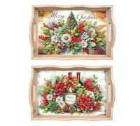 DoxQcs Bandeja de madera con pintura de diamantes para decoración de mesa con asa, bandeja de decoración de mesa pintada con diamantes para barra de desayuno, mesa de comedor para principiantes, 2