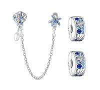 Doyafer 925 Plata Esterlina Verano OcéAno Clips Charms Cadena De Seguridad Conjunto Concha Estrella De Mar Clip Cuentas Cadena Charms Para Pulseras Mujeres Cuentas Amigos Regalo Familiar