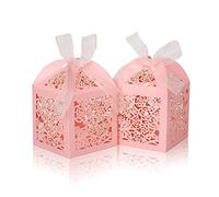 DOYIDE 100 cajas de regalo cortadas con láser, cajas de dulces de boda con cintas y etiquetas, pequeñas cajas de regalo para bodas, fiestas, baby shower, despedida de soltera (100-5 x 5 x 7 cm, rosa)
