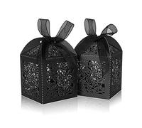 DOYIDE 50 cajas de regalo cortadas con láser, cajas de dulces de boda con cintas y etiquetas, pequeñas cajas de regalo para bodas, fiestas, baby shower, despedida de soltera (50-2 x 2.76, negro)