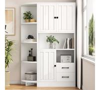 Doyisy 104 x 35 x 155 cm, armario de esquina con 3 armarios + 2 cajones, estanterías de salón, armarios altos y tablero alto con un total de 14 áreas de almacenamiento, color blanco